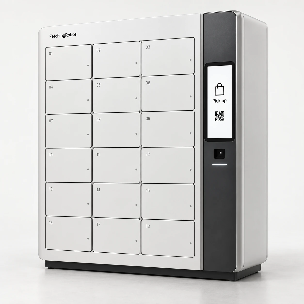 FetchingRobot AI smart delivery locker product visualization with opaque metal doors, a silver-white shell and an integrated control panel